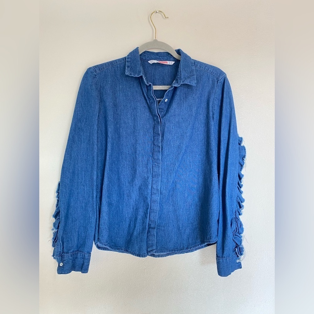 Zara Trafaluc Ruffled Button Down Denim Shirt in Blue